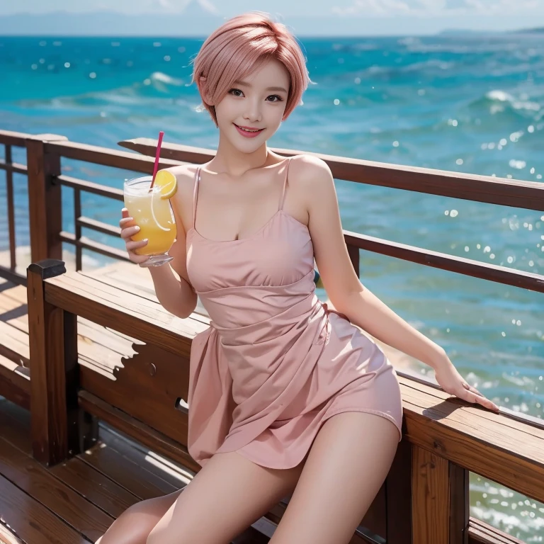 high-definition,Clarity,A beautiful girl with short pink hair,standing on the railing by the sea and enjoying the sea breeze,Holding a drink in hand,With a natural smile