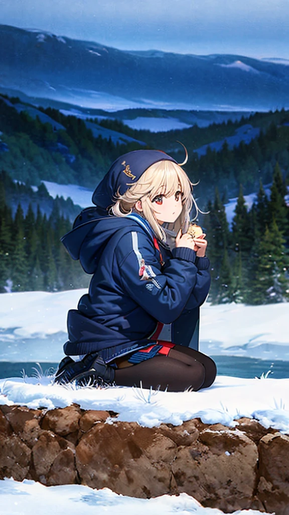 Masterpiece, intricately details,Best quality, 1girll, Solo, Bird, Hood, Sitting, Long hair, shoes, Jacket, blackfootwear, Hood down, animal on shoulder, whaite hair, Animal, blue jacket, Sneakers, sign, Cloud, bangs, Long sleeves, From the side Side, Hoodie, profile, Outdoors, bird on shoulder, sky, jaqueta com capuz