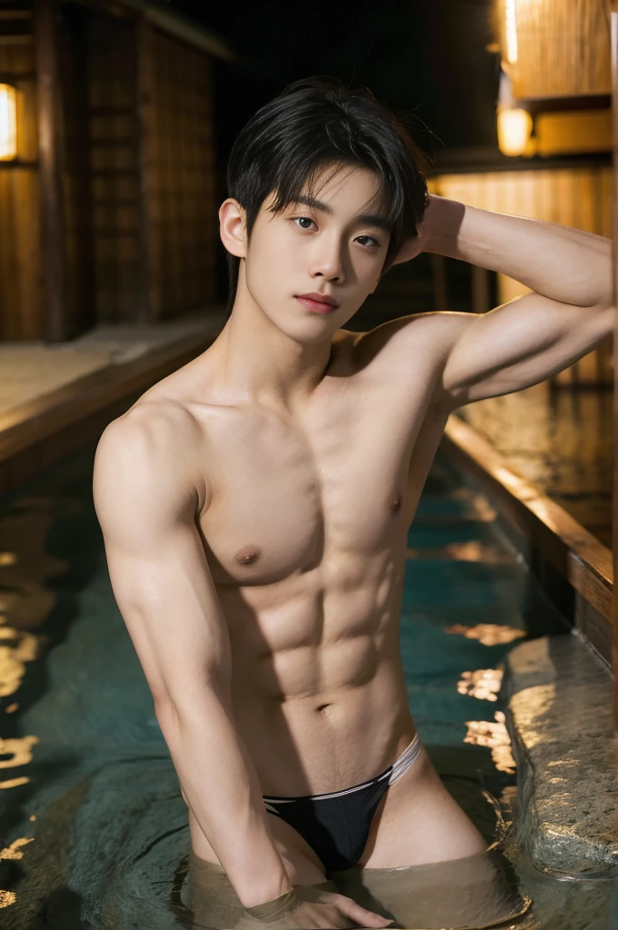 1boy,  asian young man, muscular, twink, normal body, Bang Hair, black thong, in the Onsen hot springs