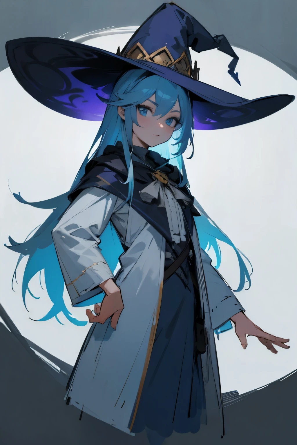 Draw a beautiful witch with blue skin, dressed in white clothes and a big hat