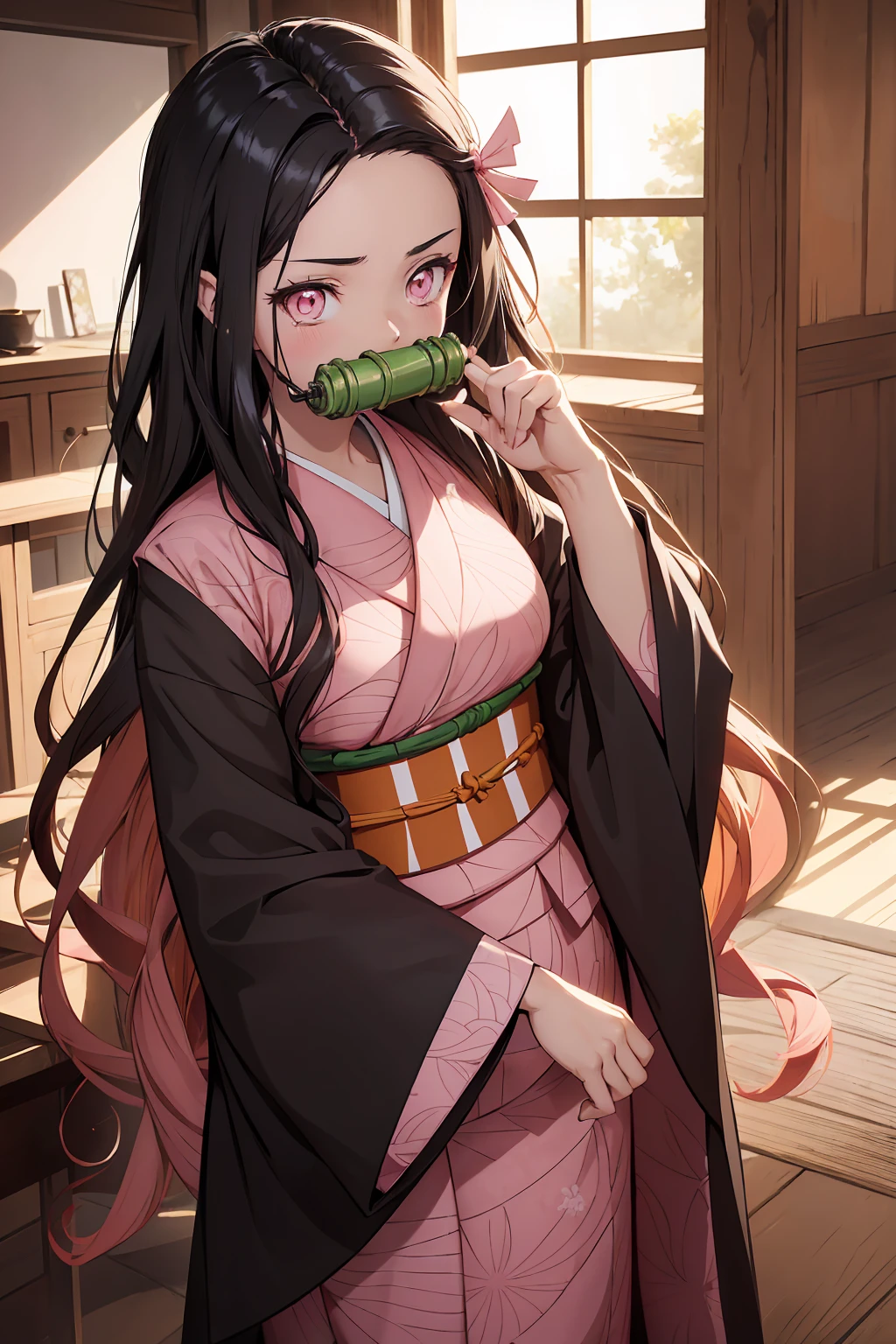 Nezu furnace, Nezuko Kamado, bamboo, (bit gag:1.5), Black Hair, (amount:1.5), gag, Gagged, Hair Ribbon, Long Hair, Multicolored Hair, (Pink Eyes:1.5), Orange Hair, elongated pupils, Wavy Hair, Two-tone hair, Break Asa (pattern), Checkered sash, Haori, Komono, kimono, Long sleeve, heart, ピンクのkimono, sash, wariza, Wide sleeves, break looking at viewer, Indoor rest, break (Tabletop:1.2), Highest quality, High resolution, unity 8k wallpaper, (figure:0.8), (Beautiful attention to detail:1.6), Highly detailed face, Perfect lighting, Highly detailed CG, (Perfect hands, Perfect Anatomy),