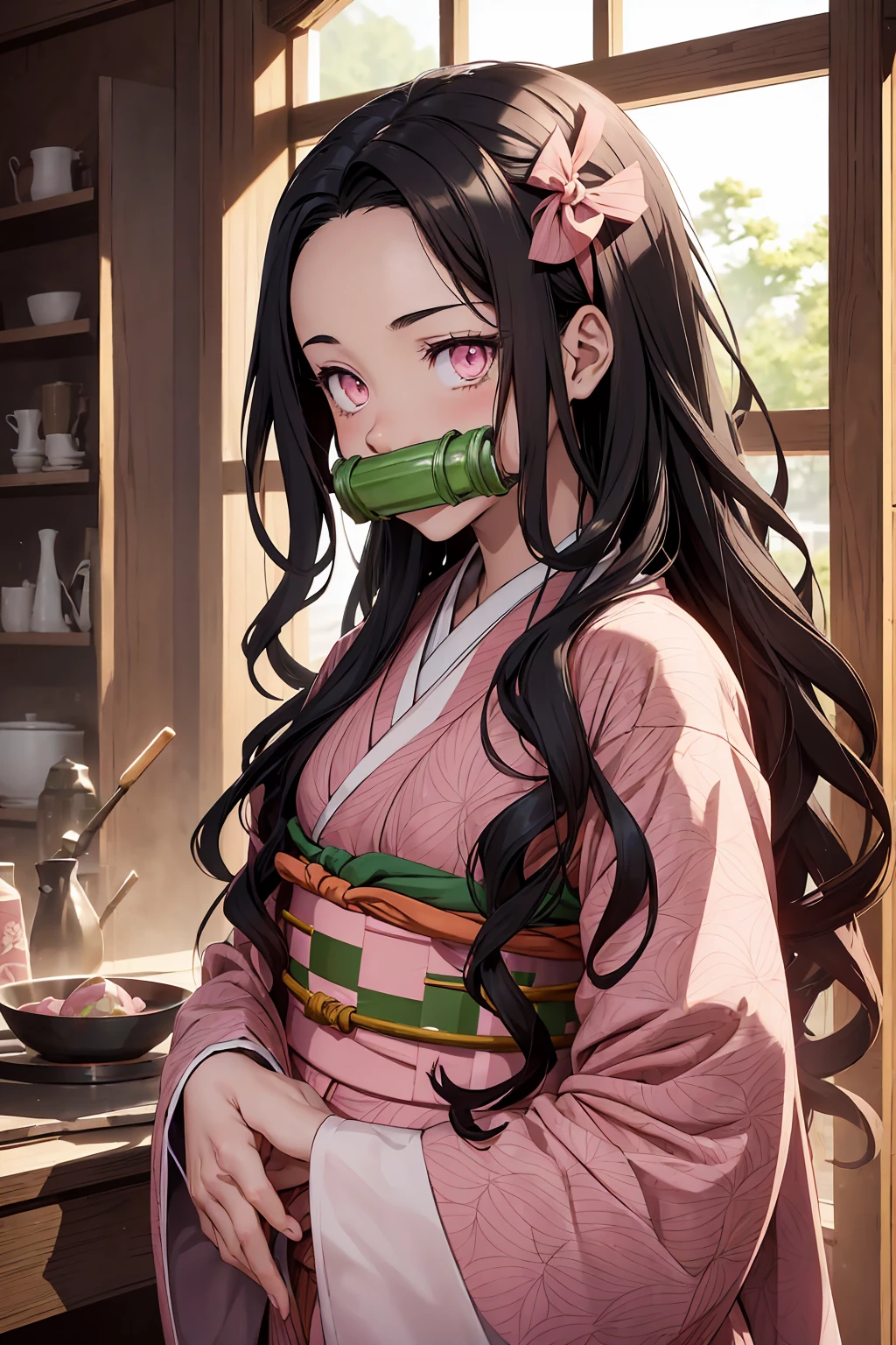 Nezu furnace, Nezuko Kamado, bamboo, (bit gag:1.5), Black Hair, (amount:1.5), gag, Gagged, Hair Ribbon, Long Hair, Multicolored Hair, (Pink Eyes:1.5), Orange Hair, elongated pupils, Wavy Hair, Two-tone hair, Break Asa (pattern), Checkered sash, Haori, Komono, kimono, Long sleeve, heart, ピンクのkimono, sash, wariza, Wide sleeves, break looking at viewer, Indoor rest, break (Tabletop:1.2), Highest quality, High resolution, unity 8k wallpaper, (figure:0.8), (Beautiful attention to detail:1.6), Highly detailed face, Perfect lighting, Highly detailed CG, (Perfect hands, Perfect Anatomy),