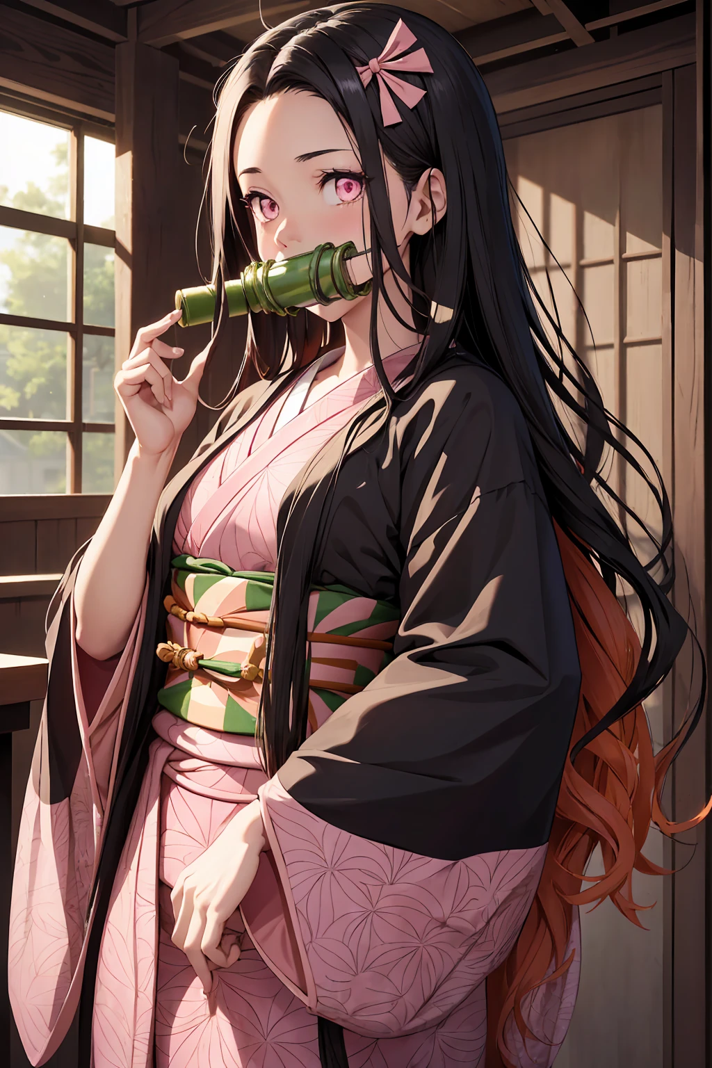 Nezu furnace, Nezuko Kamado, bamboo, (bit gag:1.5), Black Hair, (amount:1.5), gag, Gagged, Hair Ribbon, Long Hair, Multicolored Hair, (Pink Eyes:1.5), Orange Hair, elongated pupils, Wavy Hair, Two-tone hair, Break Asa (pattern), Checkered sash, Haori, Komono, kimono, Long sleeve, heart, ピンクのkimono, sash, wariza, Wide sleeves, break looking at viewer, Indoor rest, break (Tabletop:1.2), Highest quality, High resolution, unity 8k wallpaper, (figure:0.8), (Beautiful attention to detail:1.6), Highly detailed face, Perfect lighting, Highly detailed CG, (Perfect hands, Perfect Anatomy),