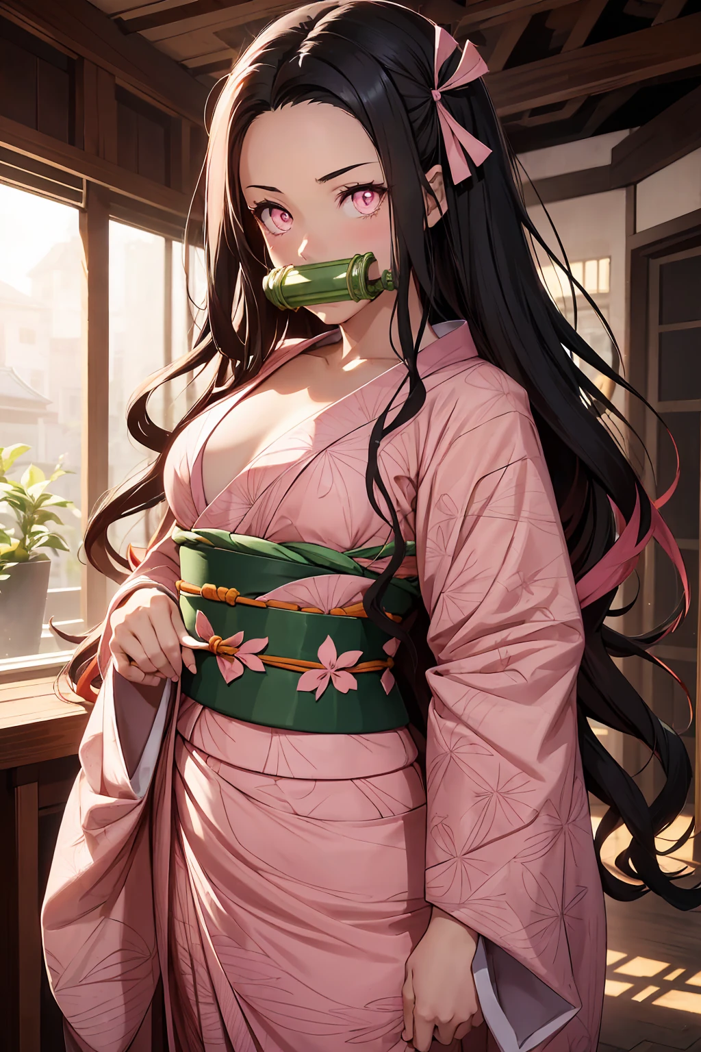 Nezu furnace, Nezuko Kamado, bamboo, (bit gag:1.5), Black Hair, (amount:1.5), gag, Gagged, Hair Ribbon, Long Hair, Multicolored Hair, (Pink Eyes:1.5), Orange Hair, elongated pupils, Wavy Hair, Two-tone hair, Break Asa (pattern), Checkered sash, Haori, Komono, kimono, Long sleeve, heart, ピンクのkimono, sash, wariza, Wide sleeves, break looking at viewer, Indoor rest, break (Tabletop:1.2), Highest quality, High resolution, unity 8k wallpaper, (figure:0.8), (Beautiful attention to detail:1.6), Highly detailed face, Perfect lighting, Highly detailed CG, (Perfect hands, Perfect Anatomy),