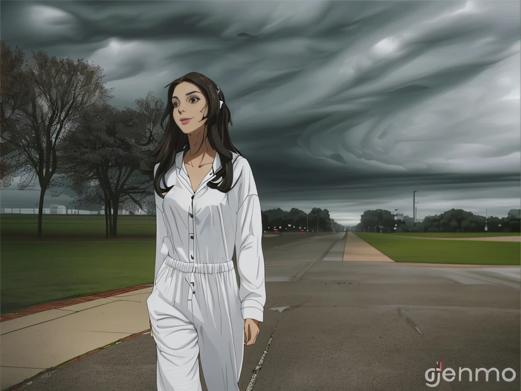 wide angle full body shot of a beautiful slim latina girl with long dark hair wearing white headphones and white pijamas walking in an stormy day on a completely empty city, looking up happy
