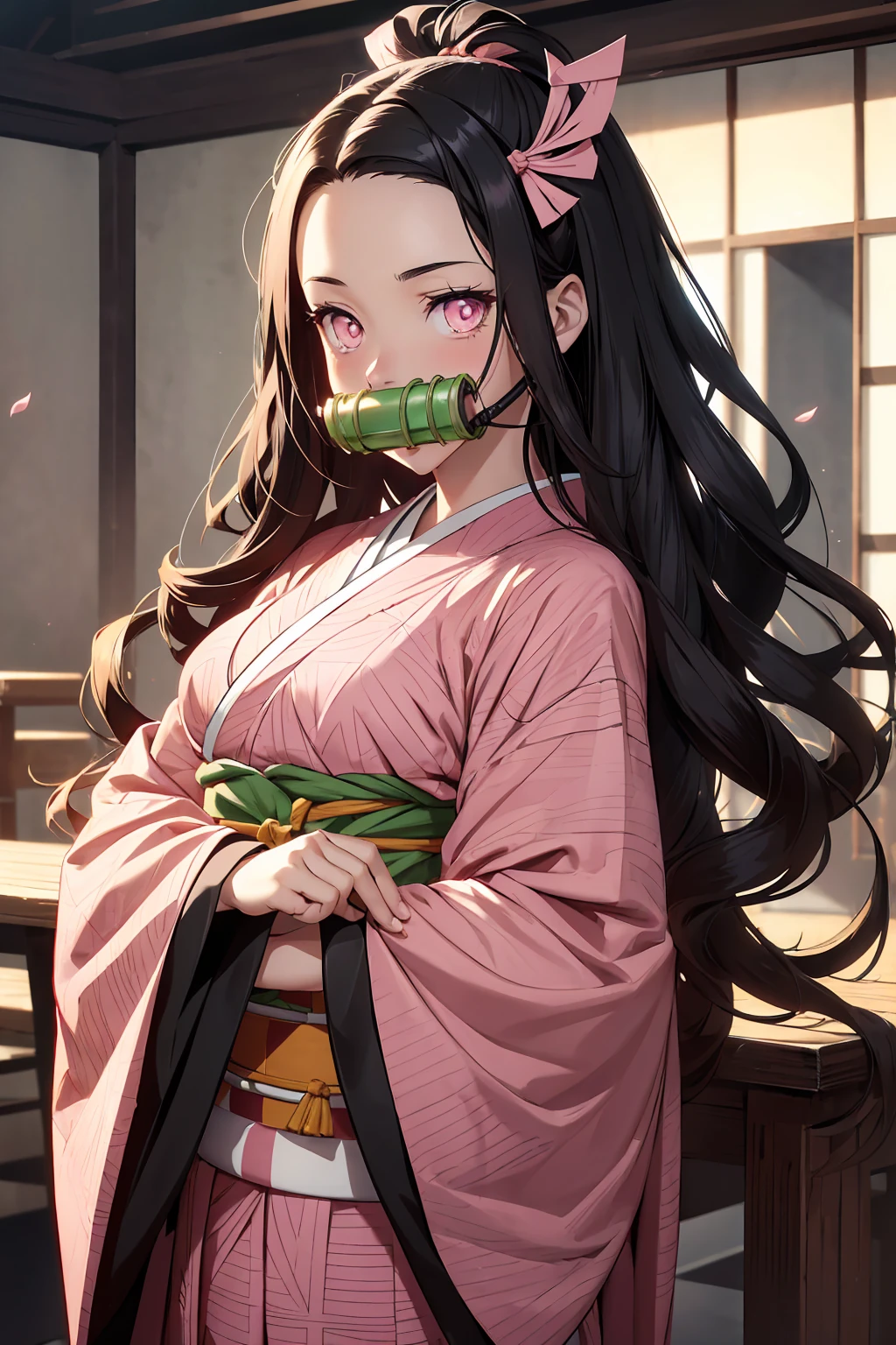 Nezu furnace, Nezuko Kamado, bamboo, (bit gag:1.5), Black Hair, (amount:1.5), gag, Gagged, Hair Ribbon, Long Hair, Multicolored Hair, (Pink Eyes:1.5), Orange Hair, elongated pupils, Wavy Hair, Two-tone hair, Break Asa (pattern), Checkered sash, Haori, Komono, kimono, Long sleeve, heart, ピンクのkimono, sash, wariza, Wide sleeves, break looking at viewer, Indoor rest, break (Tabletop:1.2), Highest quality, High resolution, unity 8k wallpaper, (figure:0.8), (Beautiful attention to detail:1.6), Highly detailed face, Perfect lighting, Highly detailed CG, (Perfect hands, Perfect Anatomy),