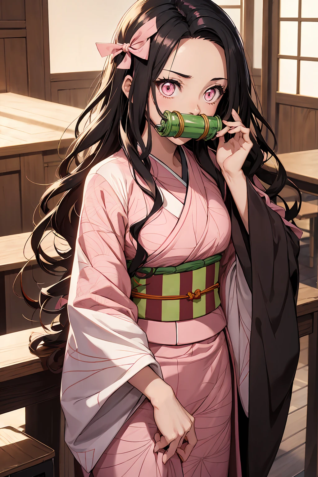 Nezu furnace, Nezuko Kamado, bamboo, (bit gag:1.5), Black Hair, (amount:1.5), gag, Gagged, Hair Ribbon, Long Hair, Multicolored Hair, (Pink Eyes:1.5), Orange Hair, elongated pupils, Wavy Hair, Two-tone hair, Break Asa (pattern), Checkered sash, Haori, Komono, kimono, Long sleeve, heart, ピンクのkimono, sash, wariza, Wide sleeves, break looking at viewer, Indoor rest, break (Tabletop:1.2), Highest quality, High resolution, unity 8k wallpaper, (figure:0.8), (Beautiful attention to detail:1.6), Highly detailed face, Perfect lighting, Highly detailed CG, (Perfect hands, Perfect Anatomy),