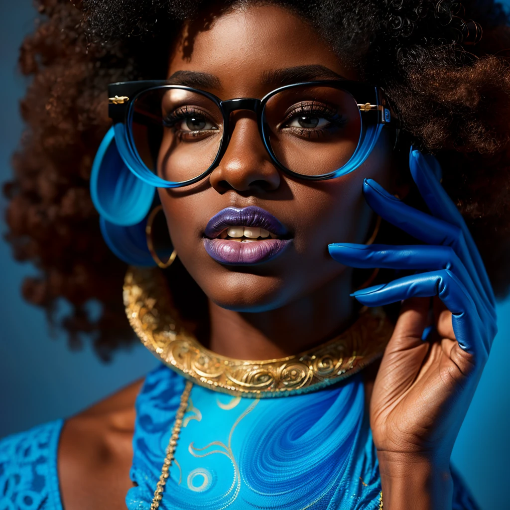 Beautiful black woman with afro hair for advertisement of stylish blue-framed glasses, swirly vibrant colors, hyper realistic art in 4k, hyper realistic hair