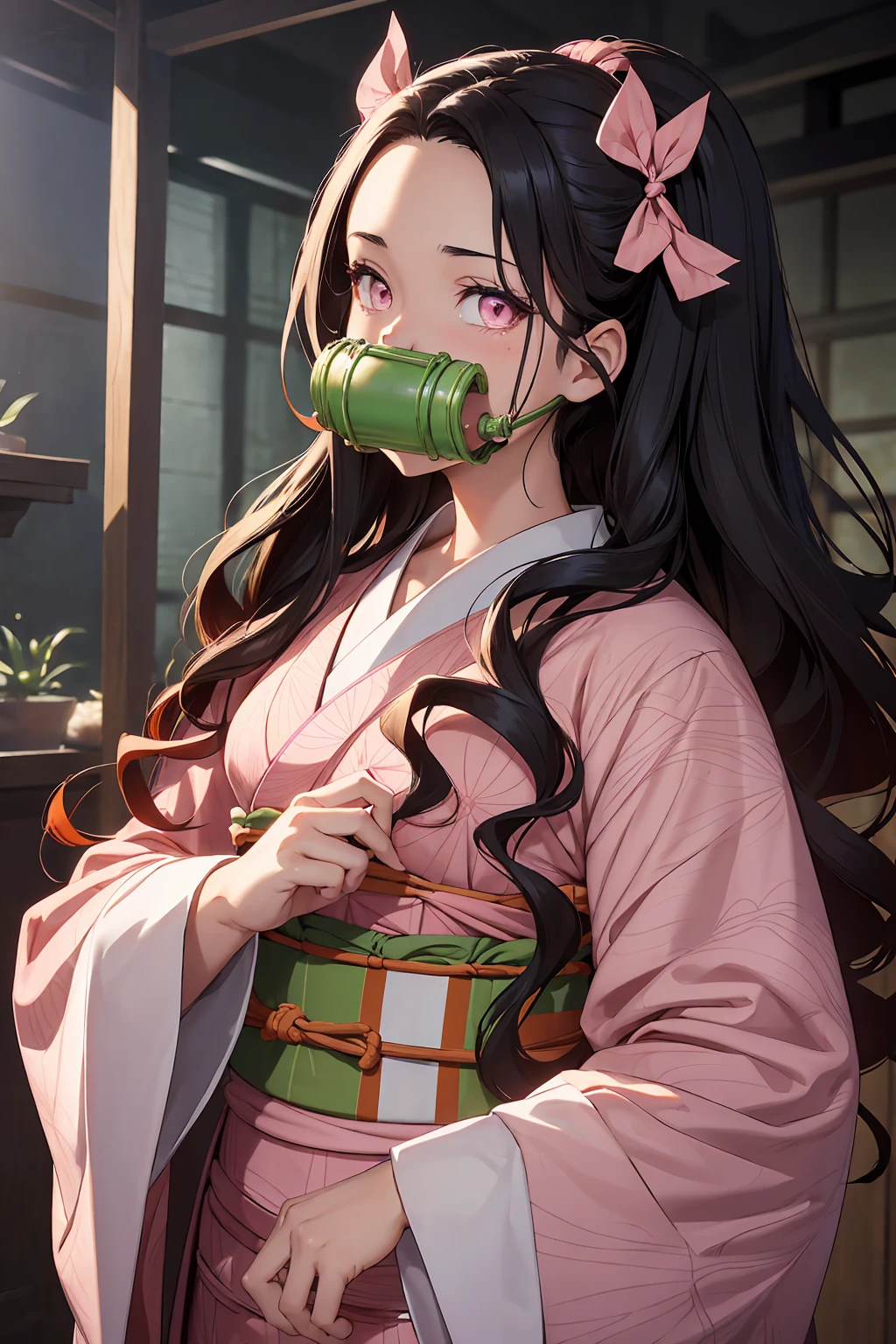 Nezu furnace, Nezuko Kamado, bamboo, (bit gag:1.5), Black Hair, (amount:1.5), gag, Gagged, Hair Ribbon, Long Hair, Multicolored Hair, (Pink Eyes:1.5), Orange Hair, elongated pupils, Wavy Hair, Two-tone hair, Break Asa (pattern), Checkered sash, Haori, Komono, kimono, Long sleeve, heart, ピンクのkimono, sash, wariza, Wide sleeves, break looking at viewer, Indoor rest, break (Tabletop:1.2), Highest quality, High resolution, unity 8k wallpaper, (figure:0.8), (Beautiful attention to detail:1.6), Highly detailed face, Perfect lighting, Highly detailed CG, (Perfect hands, Perfect ???????),