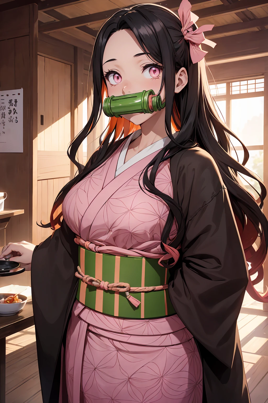 Nezu furnace, Nezuko Kamado, bamboo, (bit gag:1.5), Black Hair, (amount:1.5), gag, Gagged, Hair Ribbon, Long Hair, Multicolored Hair, (Pink Eyes:1.5), Orange Hair, elongated pupils, Wavy Hair, Two-tone hair, Break Asa (pattern), Checkered sash, Haori, Komono, kimono, Long sleeve, heart, ピンクのkimono, sash, wariza, Wide sleeves, break looking at viewer, Indoor rest, break (Tabletop:1.2), Highest quality, High resolution, unity 8k wallpaper, (figure:0.8), (Beautiful attention to detail:1.6), Highly detailed face, Perfect lighting, Highly detailed CG, (Perfect hands, Perfect Anatomy),