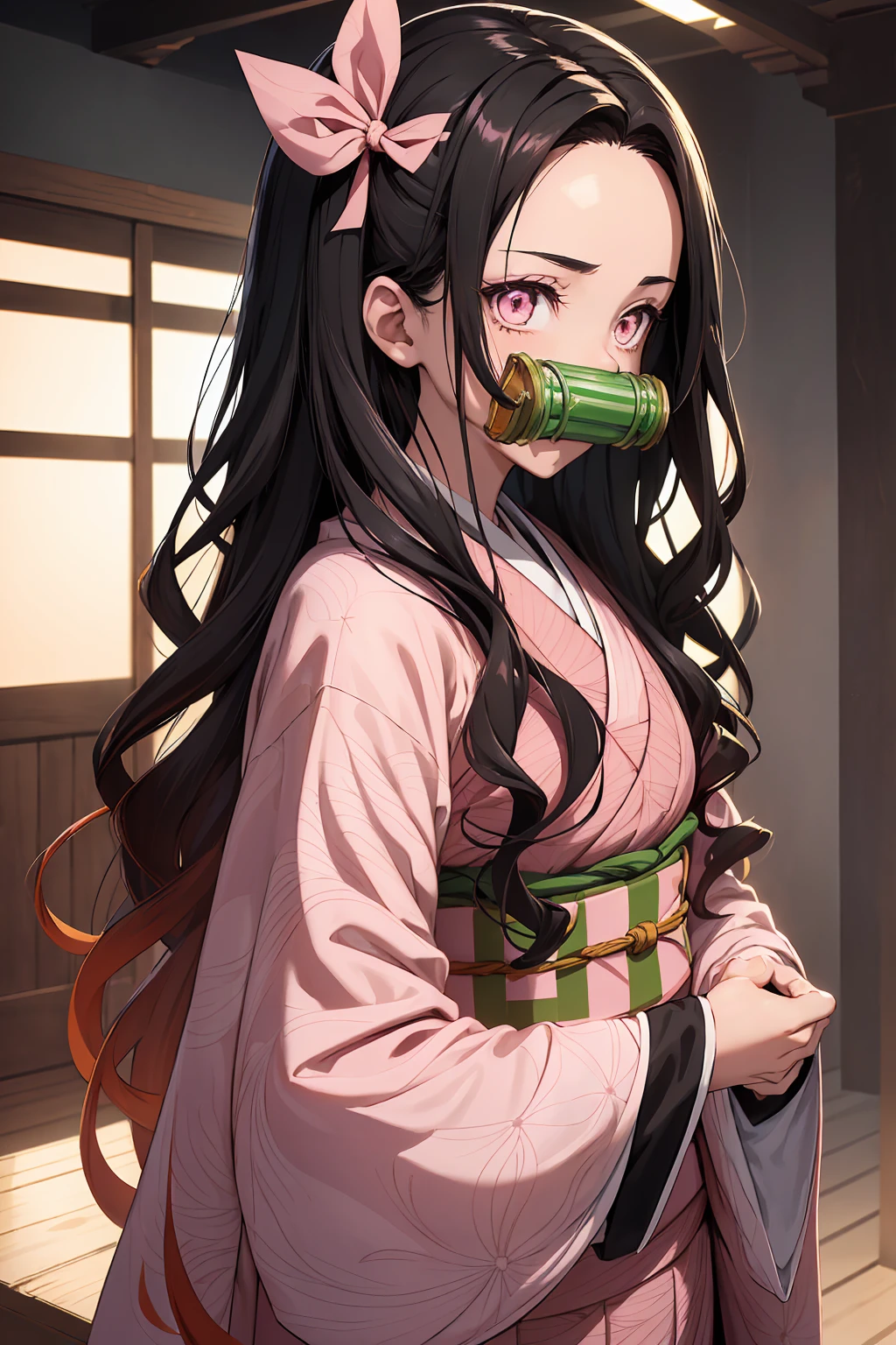 Nezu furnace, Nezuko Kamado, bamboo, (bit gag:1.5), Black Hair, (amount:1.5), gag, Gagged, Hair Ribbon, Long Hair, Multicolored Hair, (Pink Eyes:1.5), Orange Hair, elongated pupils, Wavy Hair, Two-tone hair, Break Asa (pattern), Checkered sash, Haori, Komono, kimono, Long sleeve, heart, ピンクのkimono, sash, wariza, Wide sleeves, break looking at viewer, Indoor rest, break (Tabletop:1.2), Highest quality, High resolution, unity 8k wallpaper, (figure:0.8), (Beautiful attention to detail:1.6), Highly detailed face, Perfect lighting, Highly detailed CG, (Perfect hands, Perfect Anatomy),