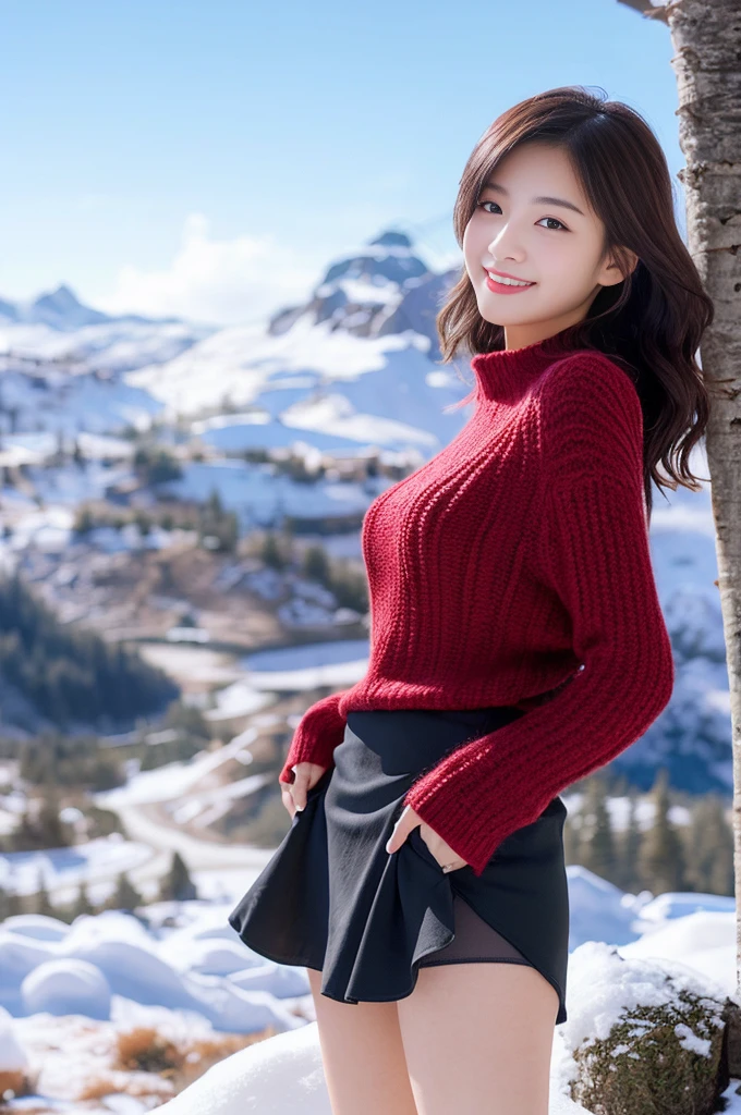 the Extremely Detailed CG Unity 8K Wallpapers, top-quality, ultra-detailed, masterpiece, realistic, Photo Real, extremely detailed cute girl, 16-years old, (skirt rift), (skirt lift by yourself)), Different color panties for each image, panties focus, red blush, cparted lips, looking at the viewers, Half body shot, Beautiful girl wearing fashionable and classy clothes, Beautiful snowfall landscape with snowy mountains) Different hair lengths and waves for each image, Sweet smile