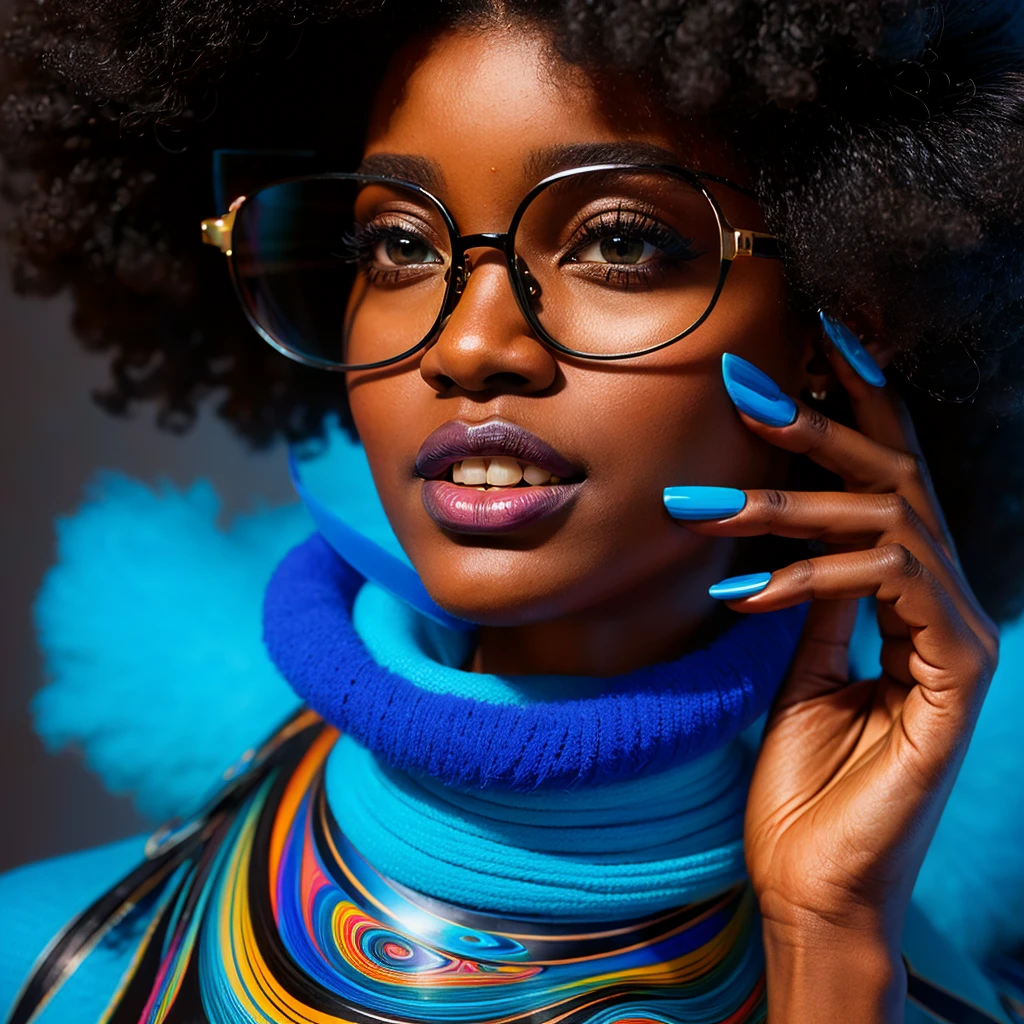 Beautiful black woman with afro hair for advertisement of stylish blue-framed glasses, swirly vibrant colors, hyper realistic art in 4k, hyper realistic hair