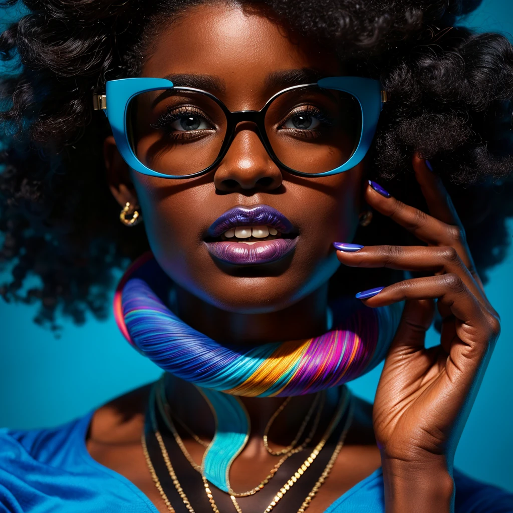 Beautiful black woman with afro hair for advertisement of stylish blue-framed glasses, swirly vibrant colors, hyper realistic art in 4k, hyper realistic hair