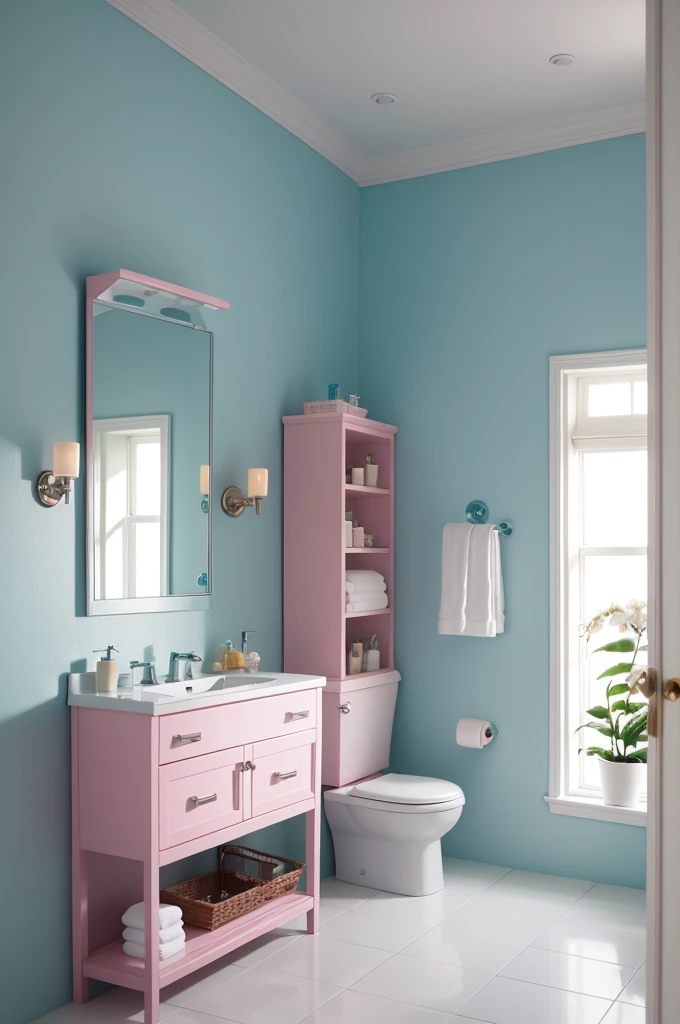 Make images of a bathroom inspired by the Barbie movies
