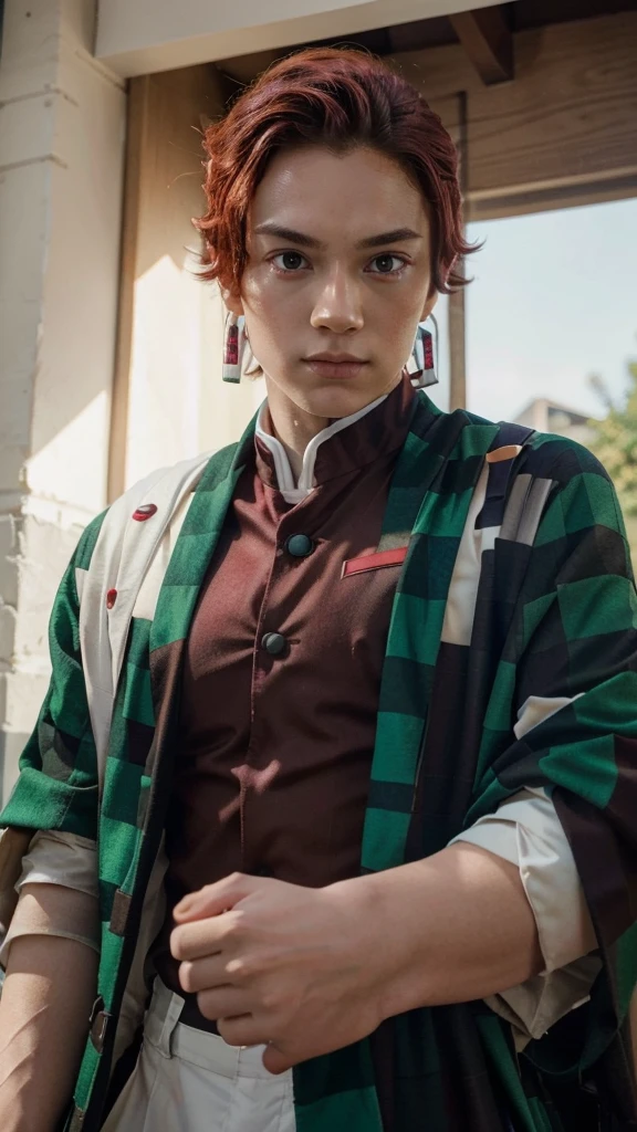 Prety young Boy, pale white skin, red hair, red eyes, brown uniform with green checkered cape, tanjiro kamado appearance https://images.app.goo.gl/UGrn1PMBAYNWMVkg9