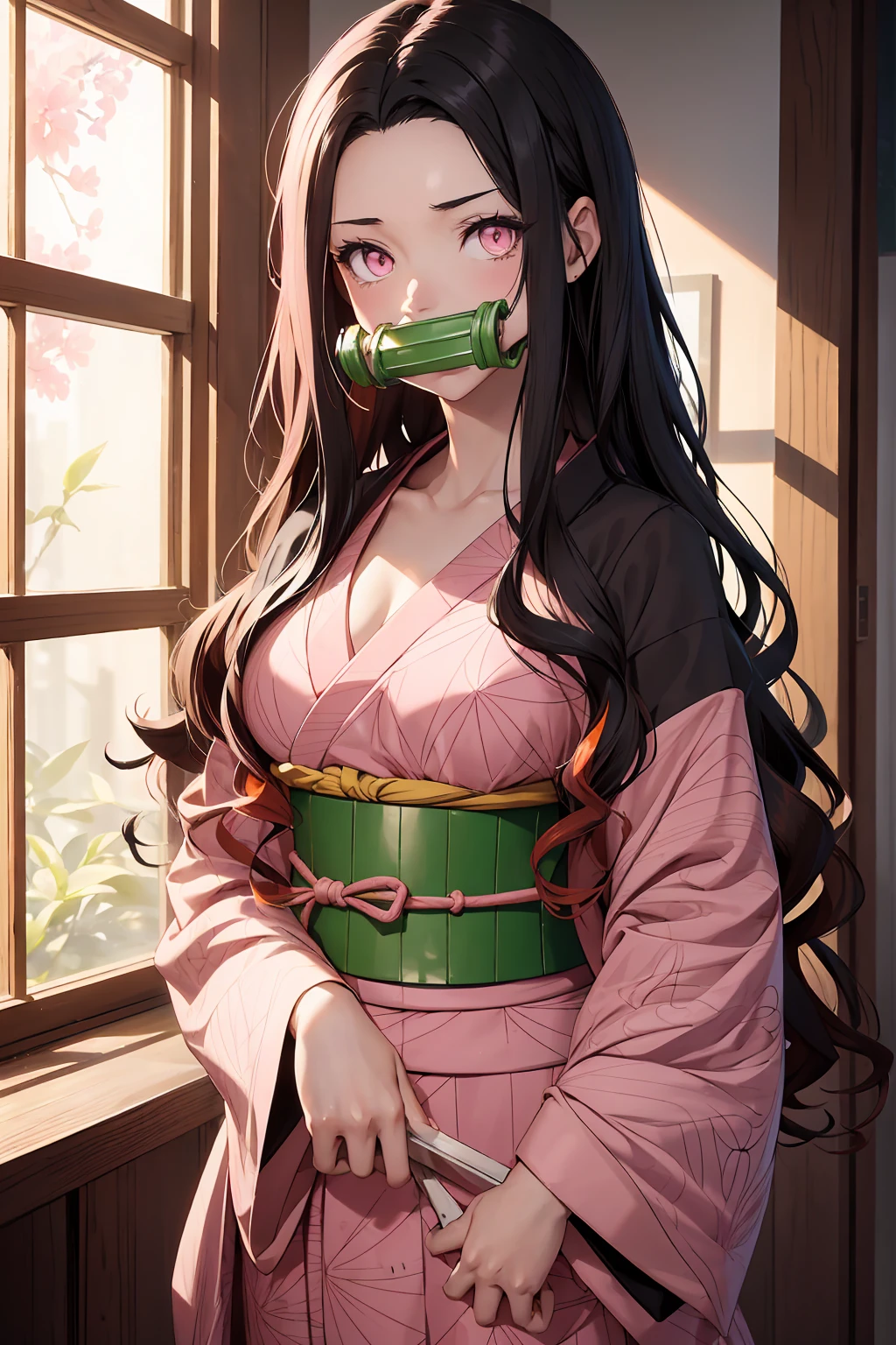 NSFW Nezu furnace, Nezuko Kamado, bamboo, (bit gag:1.5), Black Hair, (amount:1.5), gag, Gagged, Hair Ribbon, Long Hair, Multicolored Hair, (Pink Eyes:1.5), Orange Hair, elongated pupils, Wavy Hair, Two-tone hair, Break Asa (pattern), Checkered sash, Haori, Komono, kimono, Long sleeve, heart, ピンクのkimono, sash, wariza, Wide sleeves, break looking at viewer, Indoor rest, break (Tabletop:1.2), Highest quality, High resolution, unity 8k wallpaper, (figure:0.8), (Beautiful attention to detail:1.6), Highly detailed face, Perfect lighting, Highly detailed CG, (Perfect hands, Perfect Anatomy),
