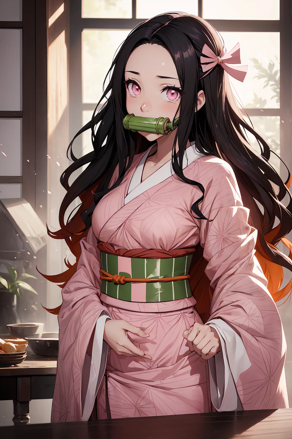 NSFW Nezu furnace, Nezuko Kamado, bamboo, (bit gag:1.5), Black Hair, (amount:1.5), gag, Gagged, Hair Ribbon, Long Hair, Multicolored Hair, (Pink Eyes:1.5), Orange Hair, elongated pupils, Wavy Hair, Two-tone hair, Break Asa (pattern), Checkered sash, Haori, Komono, kimono, Long sleeve, heart, ピンクのkimono, sash, wariza, Wide sleeves, break looking at viewer, Indoor rest, break (Tabletop:1.2), Highest quality, High resolution, unity 8k wallpaper, (figure:0.8), (Beautiful attention to detail:1.6), Highly detailed face, Perfect lighting, Highly detailed CG, (Perfect hands, Perfect Anatomy),
