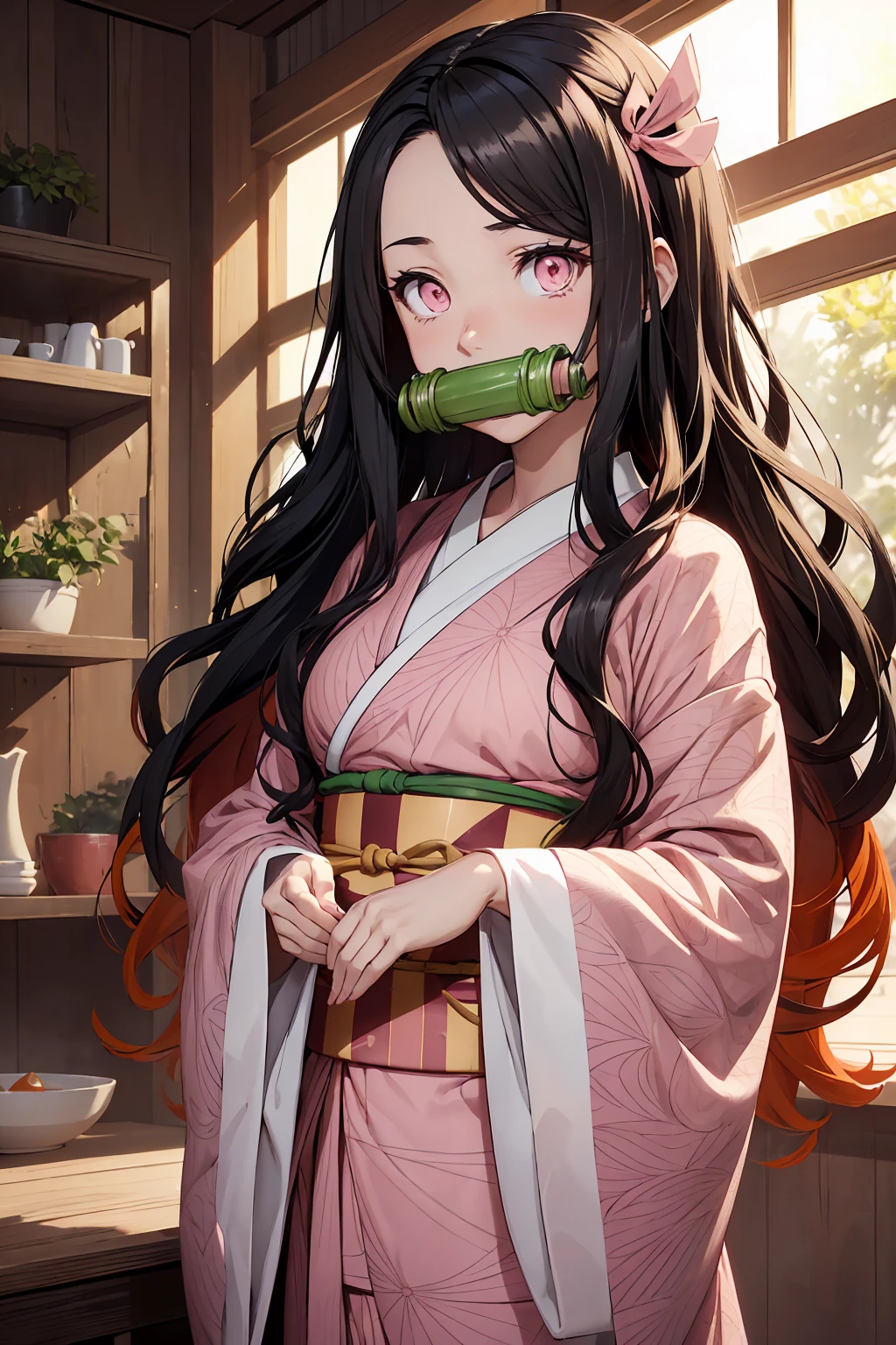 NSFW　Nezu furnace, Nezuko Kamado, bamboo, (bit gag:1.5), Black Hair, (amount:1.5), gag, Gagged, Hair Ribbon, Long Hair, Multicolored Hair, (Pink Eyes:1.5), Orange Hair, elongated pupils, Wavy Hair, Two-tone hair, Break Asa (pattern), Checkered sash, Haori, Komono, kimono, Long sleeve, heart, ピンクのkimono, sash, wariza, Wide sleeves, break looking at viewer, Indoor rest, break (Tabletop:1.2), Highest quality, High resolution, unity 8k wallpaper, (figure:0.8), (Beautiful attention to detail:1.6), Highly detailed face, Perfect lighting, Highly detailed CG, (Perfect hands, Perfect Anatomy),