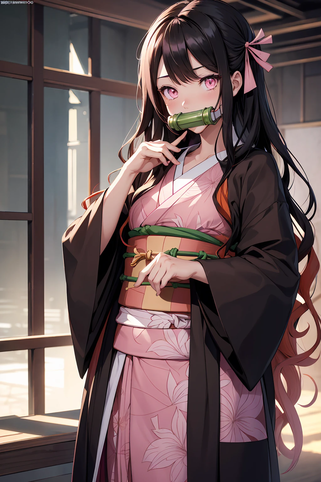 NSFW　Nezu furnace, Nezuko Kamado, bamboo, (bit gag:1.5), Black Hair, (amount:1.5), gag, Gagged, Hair Ribbon, Long Hair, Multicolored Hair, (Pink Eyes:1.5), Orange Hair, elongated pupils, Wavy Hair, Two-tone hair, Break Asa (pattern), Checkered sash, Haori, Komono, kimono, Long sleeve, heart, ピンクのkimono, sash, wariza, Wide sleeves, break looking at viewer, Indoor rest, break (Tabletop:1.2), Highest quality, High resolution, unity 8k wallpaper, (figure:0.8), (Beautiful attention to detail:1.6), Highly detailed face, Perfect lighting, Highly detailed CG, (Perfect hands, Perfect Anatomy),