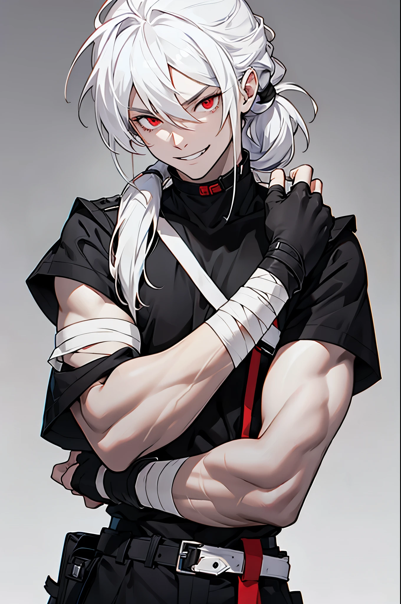 solo, 1 male, pale skin, long hair, white hair, low ponytail, red eyes, black clothes, simple clothes, white bandages, bandaged arms, black choker, fingerless gloves, glovelets, loking at viewer, light grin