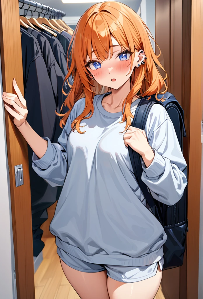 20 year old female, long orange hair, messy hair, perfect eyes, perfect silver irises, perfect pupils, thick thighs, baggy blue shirt, baggy black sweatpants, large, oversized backpack, many ear piercings, holding backpack straps, flustered, apartment hallway, otaku, standing in door, highly detailed, best detail, best hands, right forearm tattoo, perfect tattoo, perfect hands, perfect fingers