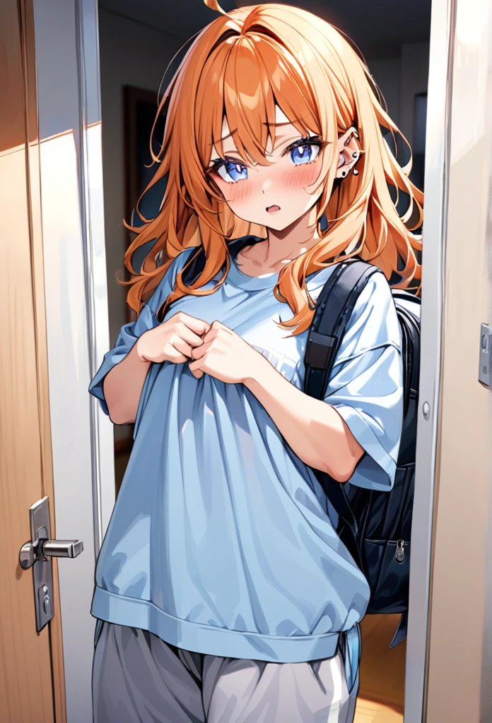 20 year old female, long orange hair, messy hair, perfect eyes, perfect silver irises, perfect pupils, thick thighs, baggy blue shirt, baggy black sweatpants, large, oversized backpack, many ear piercings, holding backpack straps, flustered, apartment hallway, otaku, standing in door, highly detailed, best detail, best hands, right forearm tattoo, perfect tattoo, perfect hands, perfect fingers