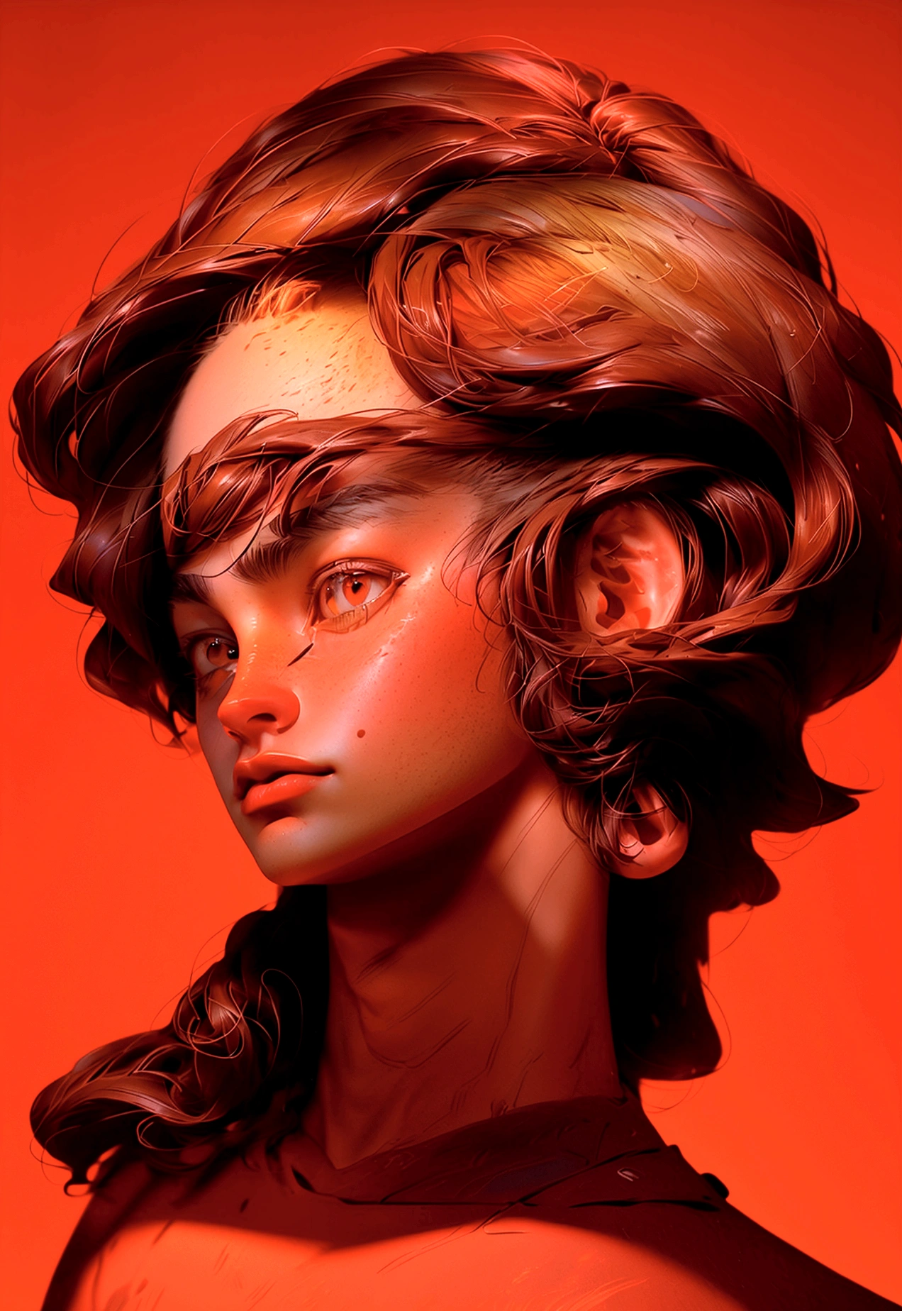 (Artwork, best quality) ,close shot, 1 man, brown hair, red eyes, gradient red background, sunlight, masterpiece, digital art, effects light, vibrant colors
