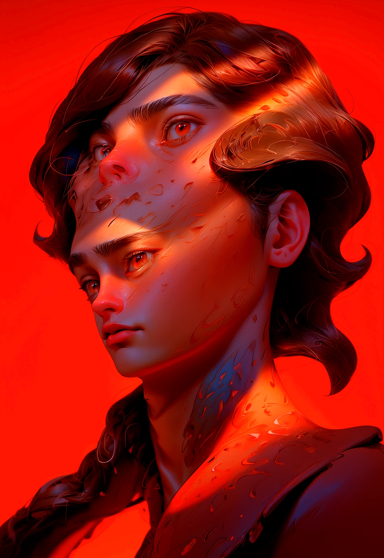 (Artwork, best quality) ,close shot, 1 man, brown hair, red eyes, gradient red background, sunlight, masterpiece, digital art, effects light, vibrant colors
