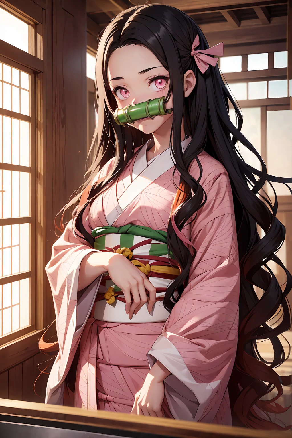 NSFW　Nezu furnace, Nezuko Kamado, bamboo, (bit gag:1.5), Black Hair, (amount:1.5), gag, Gagged, Hair Ribbon, Long Hair, Multicolored Hair, (Pink Eyes:1.5), Orange Hair, elongated pupils, Wavy Hair, Two-tone hair, Break Asa (pattern), Checkered sash, Haori, Komono, kimono, Long sleeve, heart, ピンクのkimono, sash, wariza, Wide sleeves, break looking at viewer, Indoor rest, break (Tabletop:1.2), Highest quality, High resolution, unity 8k wallpaper, (figure:0.8), (Beautiful attention to detail:1.6), Highly detailed face, Perfect lighting, Highly detailed CG, (Perfect hands, Perfect Anatomy),