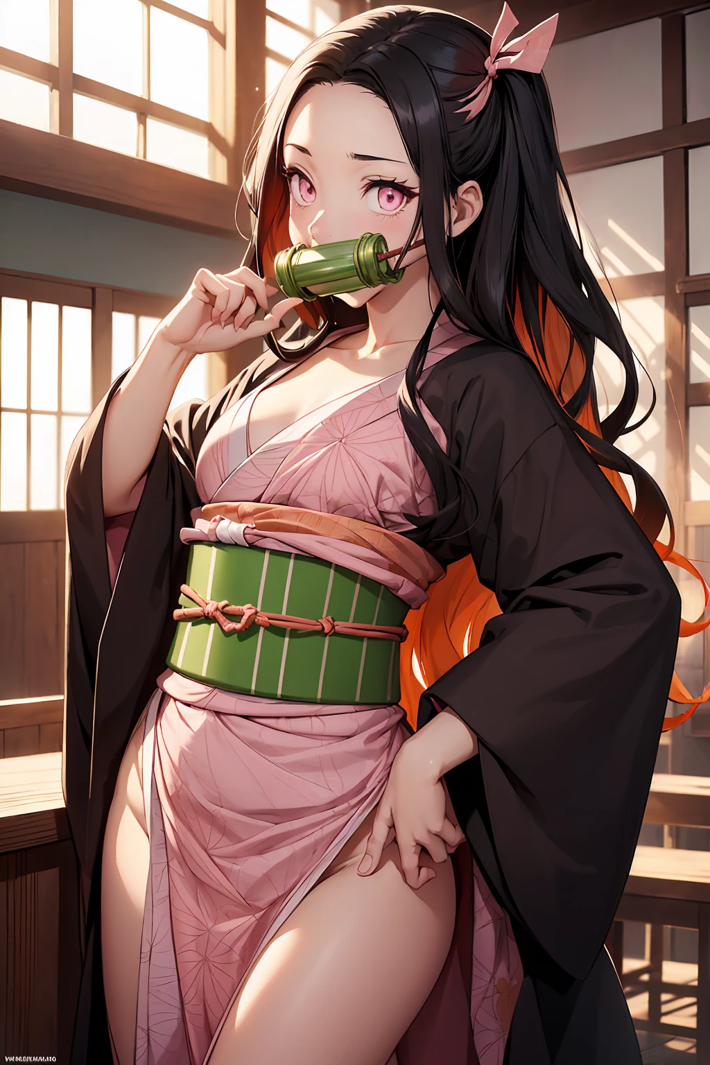 NSFW Nezu furnace, Nezuko Kamado, bamboo, (bit gag:1.5), Black Hair, (amount:1.5), gag, Gagged, Hair Ribbon, Long Hair, Multicolored Hair, (Pink Eyes:1.5), Orange Hair, elongated pupils, Wavy Hair, Two-tone hair, Break Asa (pattern), Checkered sash, Haori, Komono, kimono, Long sleeve, heart, ピンクのkimono, sash, wariza, Wide sleeves, break looking at viewer, Indoor rest, break (Tabletop:1.2), Highest quality, High resolution, unity 8k wallpaper, (figure:0.8), (Beautiful attention to detail:1.6), Highly detailed face, Perfect lighting, Highly detailed CG, (Perfect hands, Perfect Anatomy),