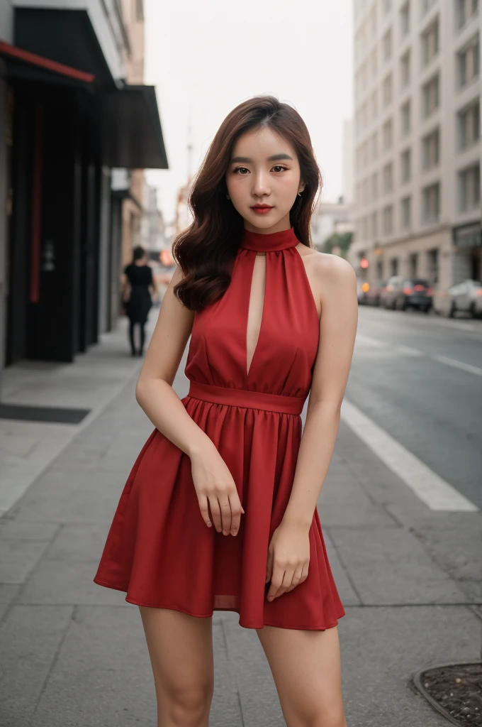 RAW photo of  rinrada,red high-neck dress, neutral background, 8k uhd, dslr, soft lighting, high quality, film grain, Fujifilm XT3, 