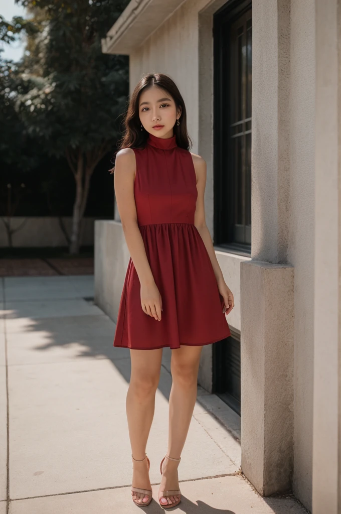 RAW photo of  rinrada,red high-neck dress, neutral background, 8k uhd, dslr, soft lighting, high quality, film grain, Fujifilm XT3, 