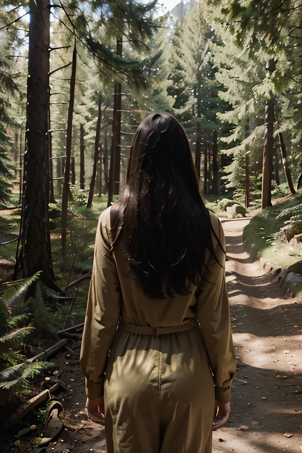 A nice realistic landscape on a mountain in a forest with soft sunlight and a tall toned woman with long dark hair standing in the distance and looking the other way, not showing her face