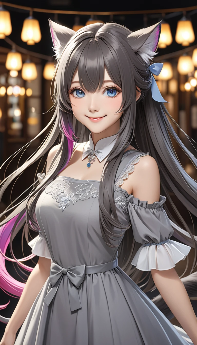 (Double tail), Colored highlighted hair, dark gray long hair,, 1個女孩綁著高高的Double tail, highly detailed eyes, dress, Smile