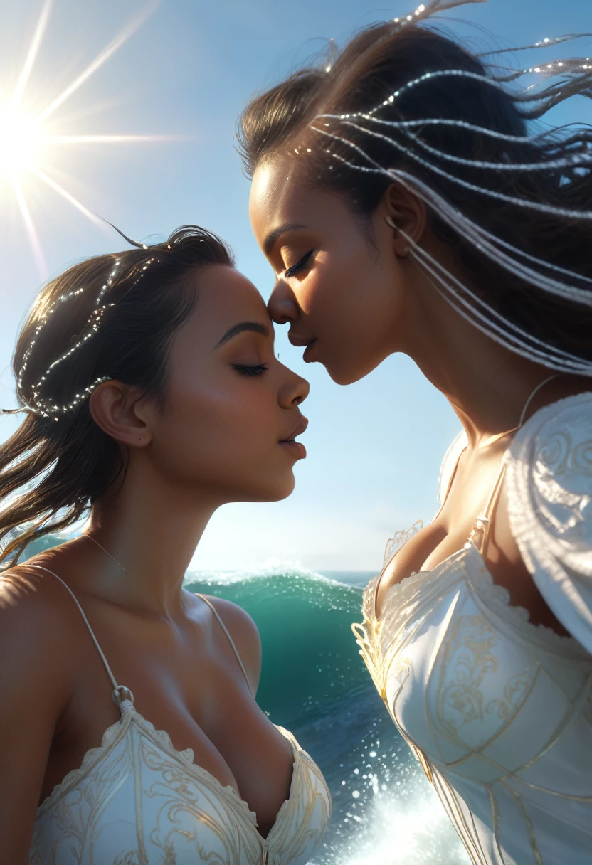 Portrait of two girls kissing, unravel, Ride the waves, Cast A Spell, Heavenly, Divinity, Hope, Ethereal, Symmetry, God-rays, Hooded, God-rays, DnD, Exterior, Octane Render, Insanely Detailed, 8k, HD, Artstation,