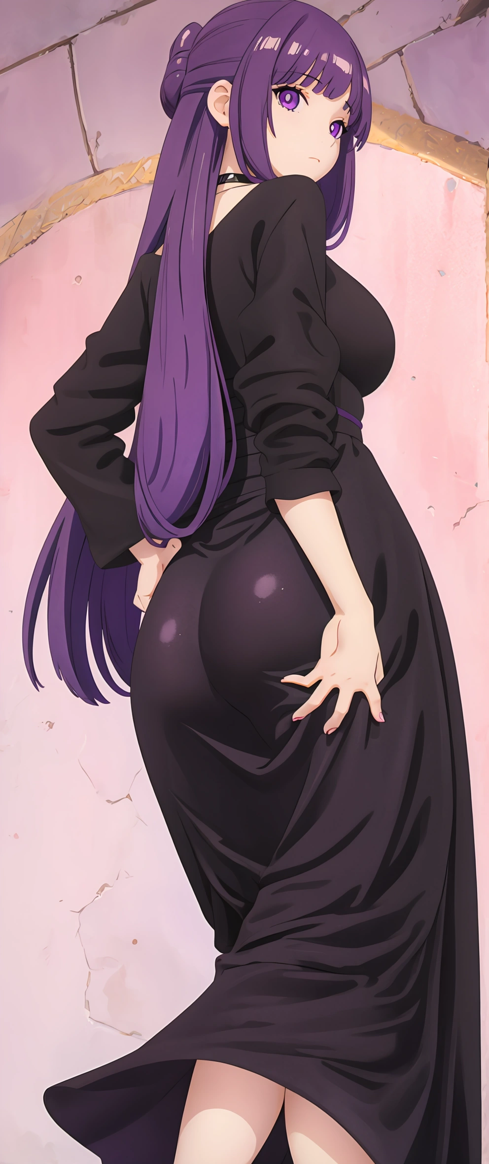 solo, 1female, raven, pale skin , black outfit, purple hair, deep blue cloak, sexy body, tall and skinny, farting, massive fart, yellow smoke rising, relieved face, smiling, blush, viewing ass, alone in park, heart signs