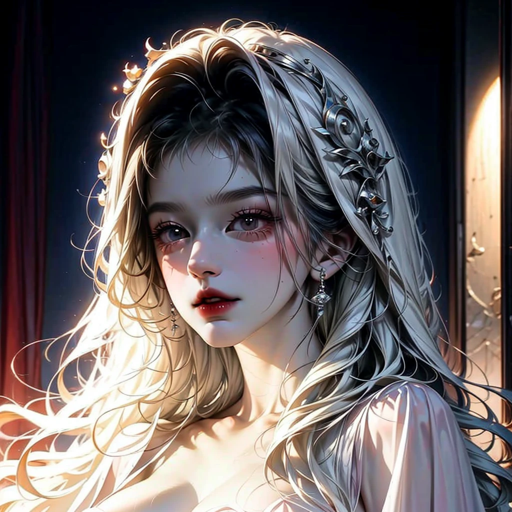 hyperrealistic, real life, beautiful light skinned young asian woman, 19 year old, innocent face, big lips, revealing nightgown, huge breasts, nipples are visible, body exposed, gothic nightgown, exposed breasts, breasts are visible, sexy girl, playful, full body exposed dark victorian environment, gothic environment, dark background, in a vampire castle, old dark castle room, with the best quality and super detail, naked breasts, huge breasts exposed