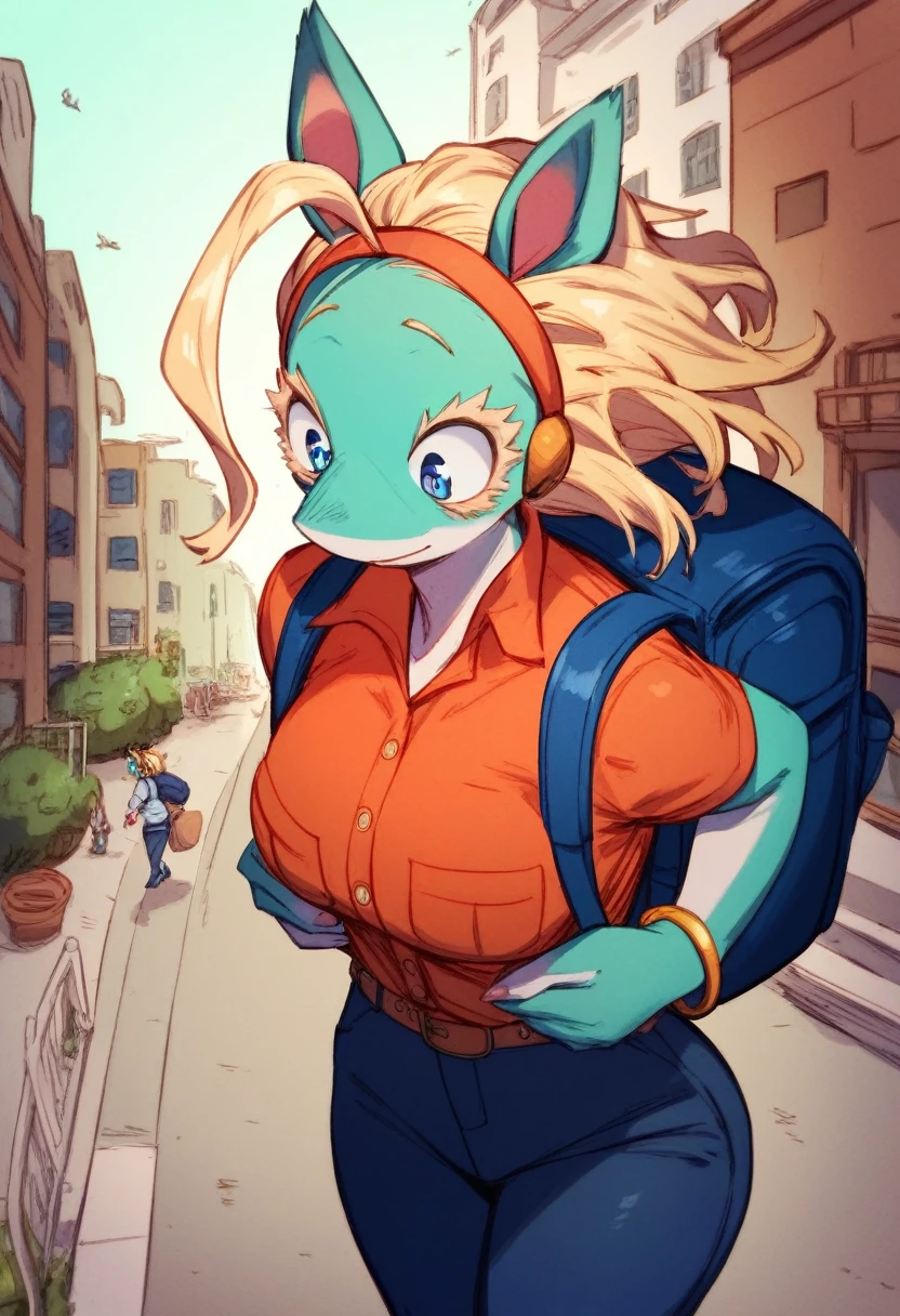 1girl,ippan josei,animal ears,backpack,bag,breast pocket,breasts,bed room,freckles,furry,giant,giantess,hairband,pants,pocket,shirt,snout,standing,walking,bangle,blonde hair, ahoge,blue eyes,colored skin,blue skin,multicolored skin,white skin,