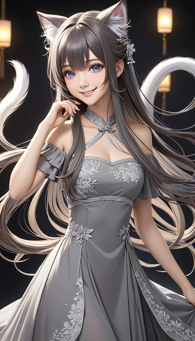 (Double tail), Colored highlighted hair, dark gray long hair,, 1個女孩頭上綁著高高Double tail, highly detailed eyes, dress, Smile