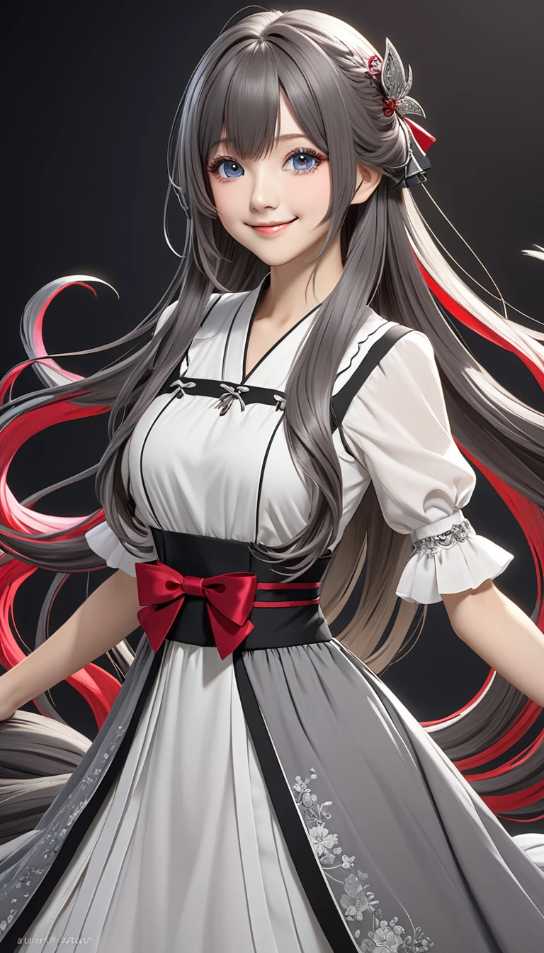 (Double tail), Colored highlighted hair, dark gray long hair,, 1個女孩頭上綁著高高Double tail, highly detailed eyes, dress, Smile