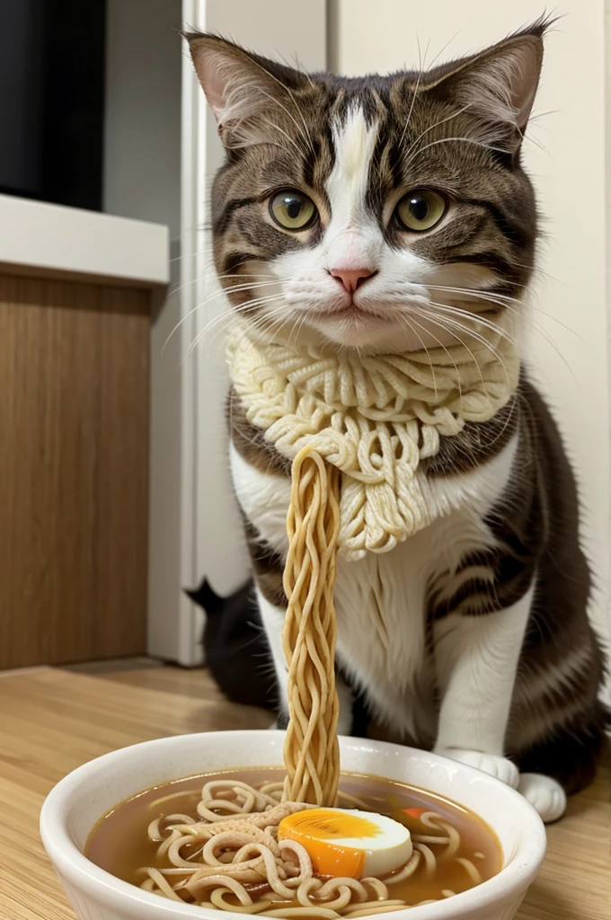 Cute karwai cat eating ramen noodles
