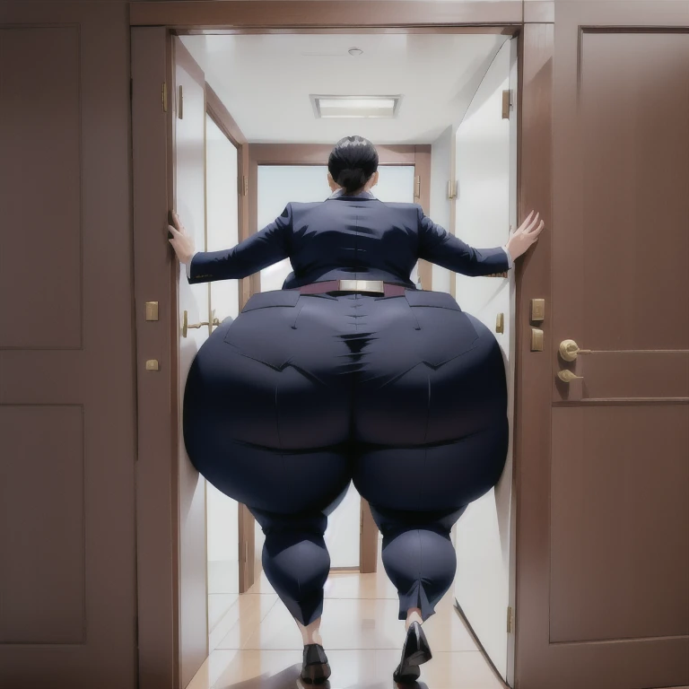 masterpiece, 1girl behind a doorway, from front, (doorstuck, stuckfront:1.3), huge hips, round belly, thick thighs, colorful clothing, wearing suit and tie and formal pants, upset, desperately trying to wiggle through, she kicks her legs franticly, she is stuck tight view from behind, she will need some help getting through