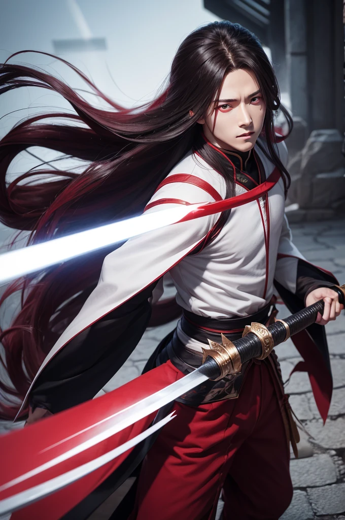 ultra realisitic, male anime character red eyes long hair white characters swordsman 