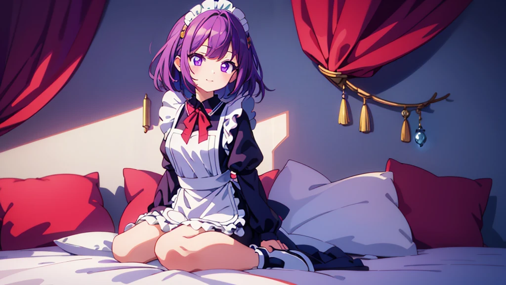 1girl, purple hair, purple eyes, nice hands, perfect hands, light smile, wearing maid costume, full skirt, high res, ultrasharp, 8K, masterpiece, looking at viewer, delicate poses, light pink cute background, bedroom background, ,indoors, sitting in bed, hands in lap, confident, ultra detailed, best quality, beautiful,lovestruck expression, high detail textures, high detail eyes, bright colors,landscape,insanely detailed, absurdres, ultra-highres, ultra-detailed, best quality, nice hands, ultra detailed eyes, ultra detailed hair, ultra cute, ultra beautiful, full body shot
