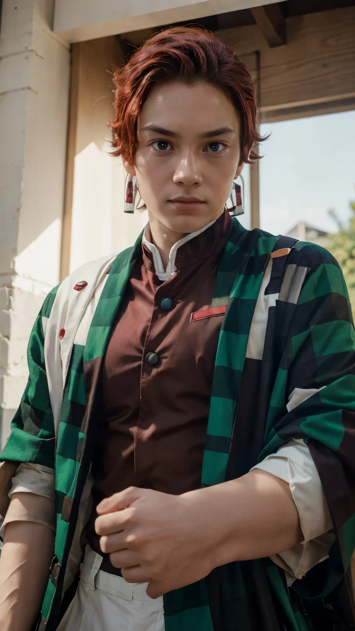 young Boy, pale white skin, red hair, red eyes, brown uniform with green checkered cape, tanjiro kamado appearance https://images.app.goo.gl/UGrn1PMBAYNWMVkg9