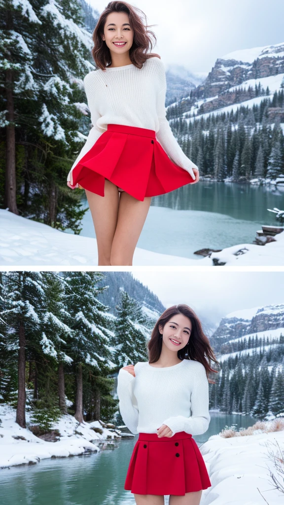 ​masterpiece, realistic, Photo Real, 1girl, -ye(skirt rift), (skirt lift by yourself)), Different color panties for each image, panties focus, red blush, cparted lips, looking at the viewers, Half body shot, Beautiful girl wearing fashionable and classy clothes, Beautiful snowfall landscape with snowy mountains) Different hair lengths and waves for each image, Sweet smile