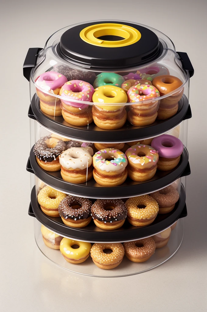 Hexagonal shaped donut packaging with transparent lid Bright colors and donut illustrations on the outside
