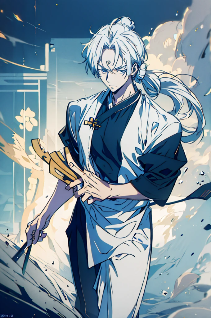 male anime character, anime rudo 8k, chinese ink style artwork, long black hair, waving with the wind, black eyes, white tunic with silver, wide tunic, ancient chinese tunic, cute boy, handsome prince, long tunic, male focus, powerful approach, elegant aura, white colors, Dorado, silver and light blue, Handsome guy, Handsome boy, intelligent, Tall boy
