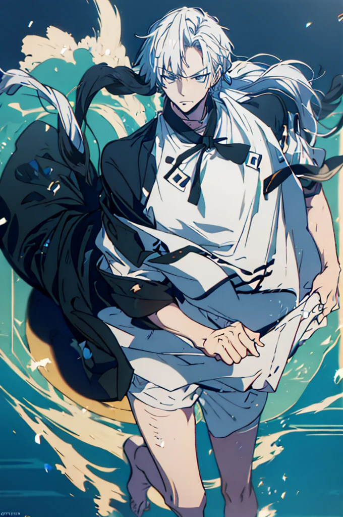 male anime character, anime rudo 8k, chinese ink style artwork, long black hair, waving with the wind, black eyes, white tunic with silver, wide tunic, ancient chinese tunic, cute boy, handsome prince, long tunic, male focus, powerful approach, elegant aura, white colors, Dorado, silver and light blue, Handsome guy, Handsome boy, intelligent, Tall boy